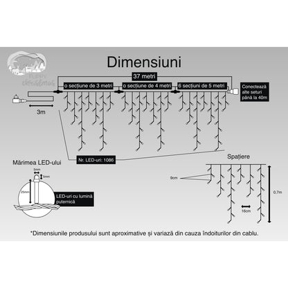 Instalatie Craciun, 15 m, 429 Led-uri ,Franjuri, Rosu / Verde/ Albastru, Flash, Transformator cu telecomanda, Interconectabila, Prelungitor 5 m inclus, Fir Alb, Flippy-7