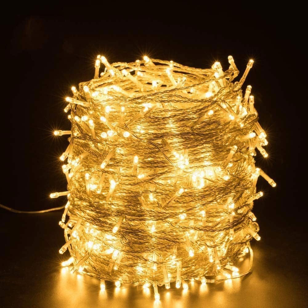 Instalatie Craciun, 18 m, 525 Led-uri ,Franjuri, Alb cald, 8 jocuri de lumini, Transformator cu telecomanda, Interconectabila, Prelungitor 5 m inclus, Fir Transparent, Flippy-7