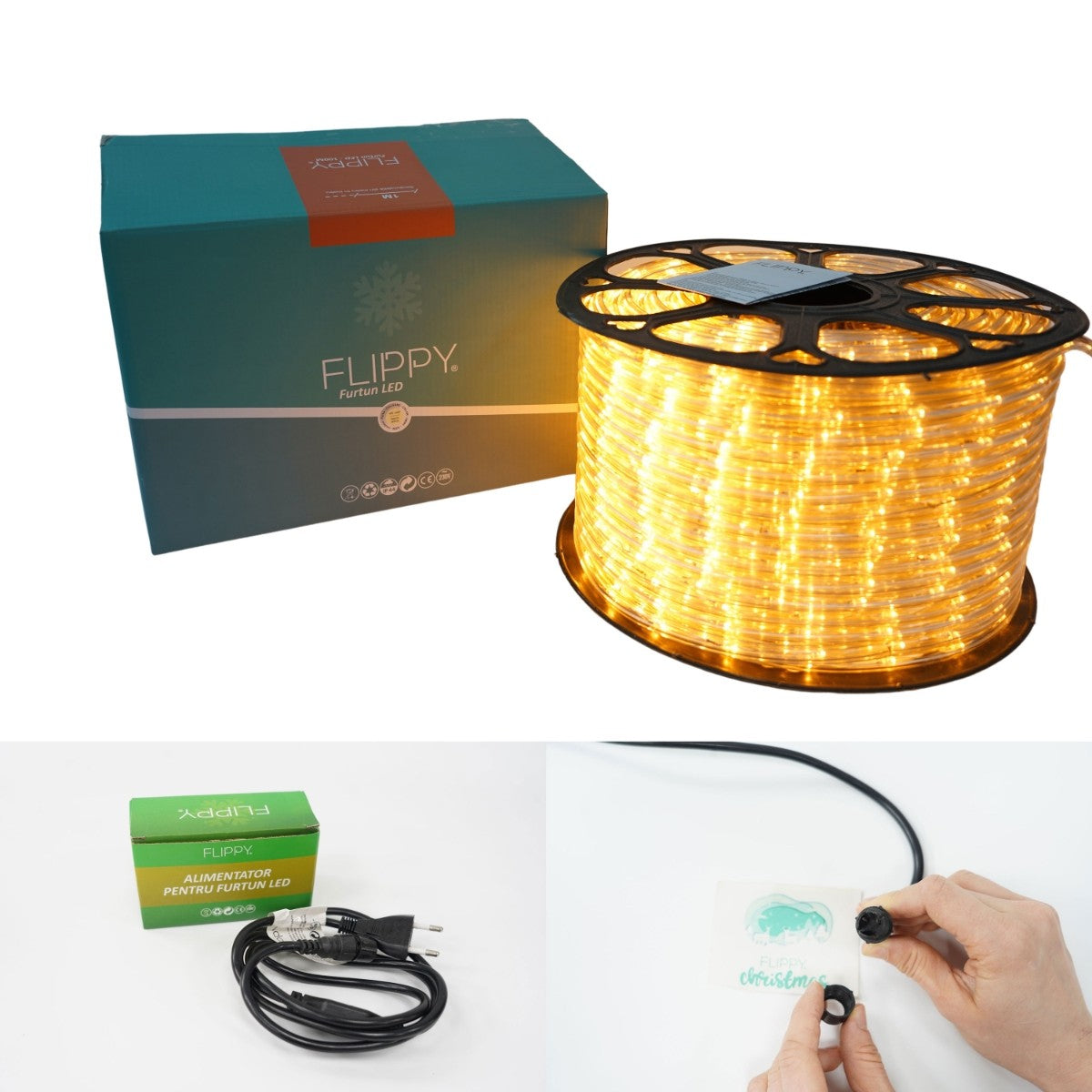 Instalatie Craciun, 2 m, 48 Led-uri, Furtun Luminos, Alb cald, Transformator, Sectionabila, 220 V, Flippy-10