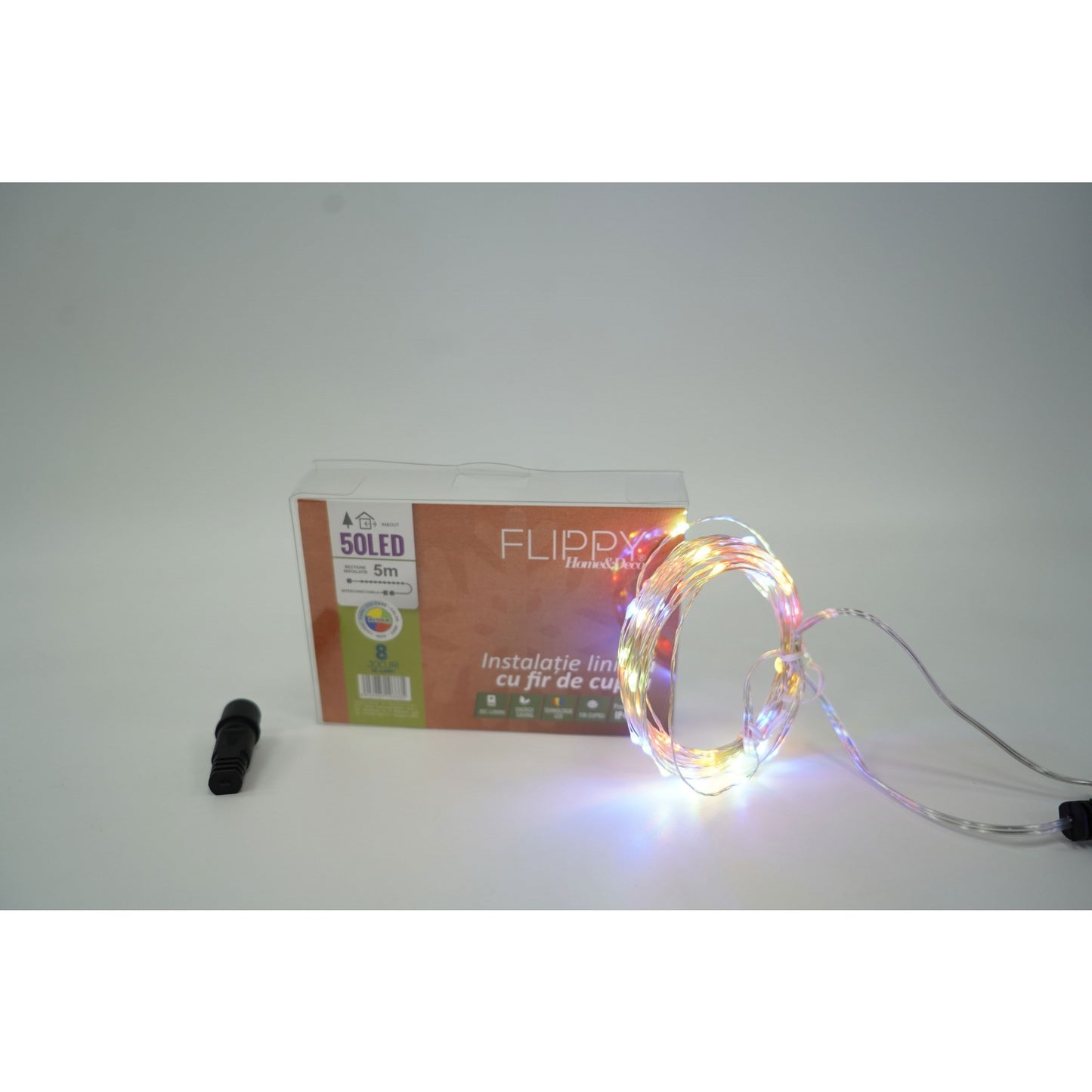 Instalatie Craciun, 20 m, 200 Led-uri, Liniara, Multicolor, 8 jocuri de lumini, Transformator, Interconectabila, Prelungitor 3 m inclus, Fir Cupru, Flippy-2