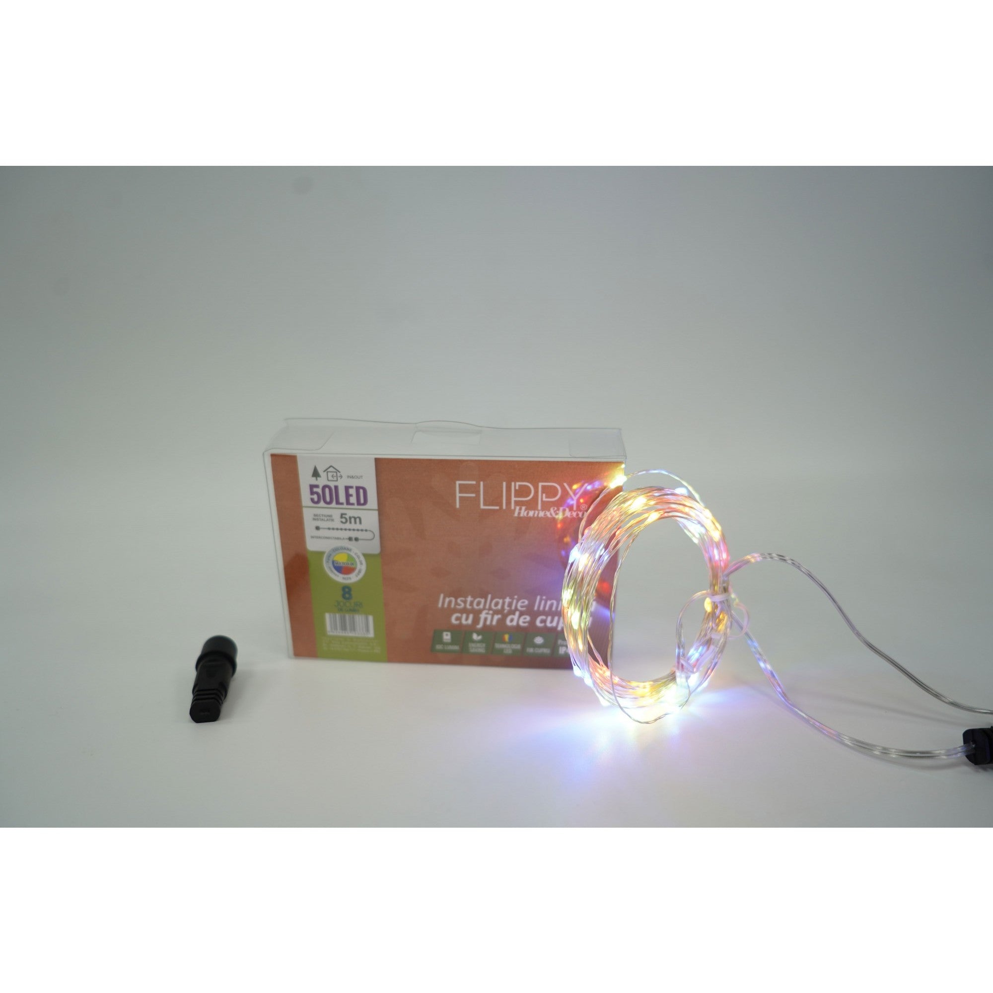 Instalatie Craciun, 20 m, 200 Led-uri, Liniara, Multicolor, 8 jocuri de lumini, Transformator, Interconectabila, Prelungitor 3 m inclus, Fir Cupru, Flippy-2