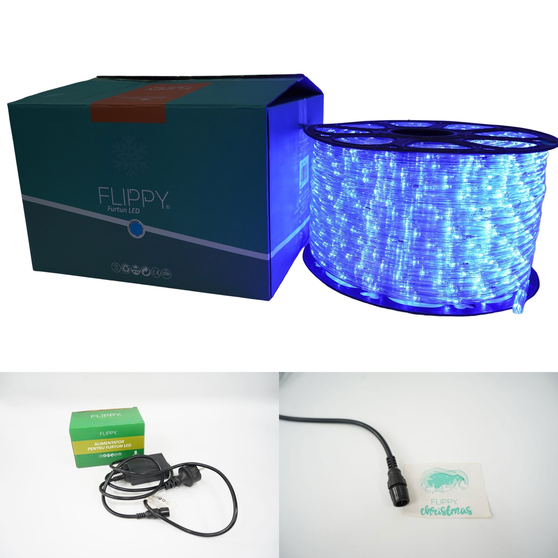 Instalatie Craciun, 20 m, 480 Led-uri, Furtun Luminos, Albastru, Transformator, 8 jocuri de lumini, Sectionabila, 220 V, Flippy-5