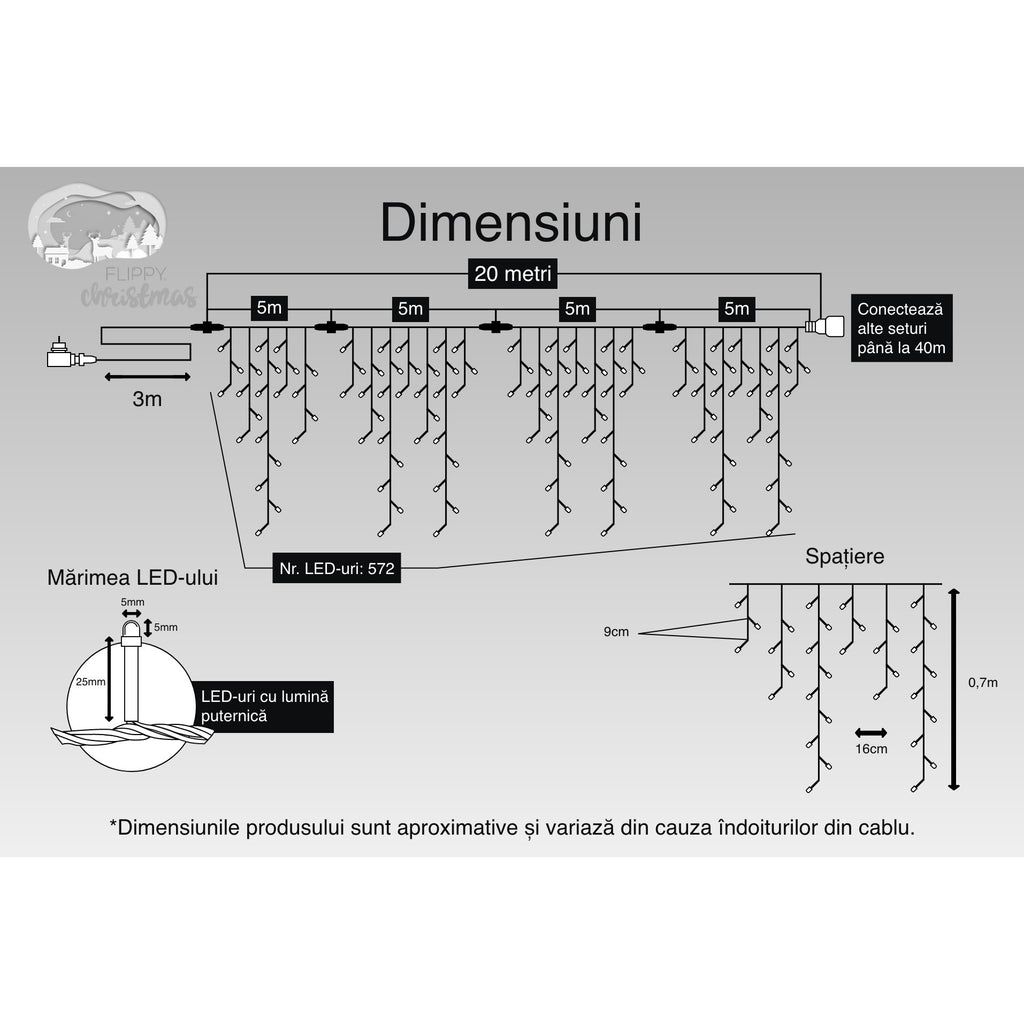 Instalatie Craciun, 20 m, 572 Led-uri ,Franjuri, Rosu / Verde/ Albastru, Flash, Transformator cu telecomanda, Interconectabila, Prelungitor 3 m inclus, Fir Transparent, Flippy-2