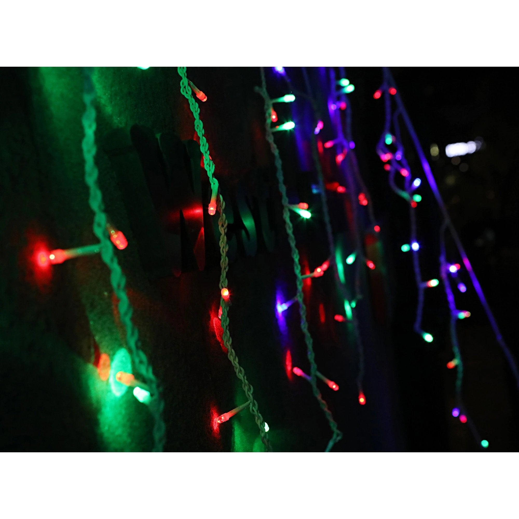 Instalatie Craciun, 20 m, 572 Led-uri ,Franjuri, Rosu / Verde/ Albastru, Flash, Transformator cu telecomanda, Interconectabila, Prelungitor 5 m inclus, Fir Transparent, Flippy-1