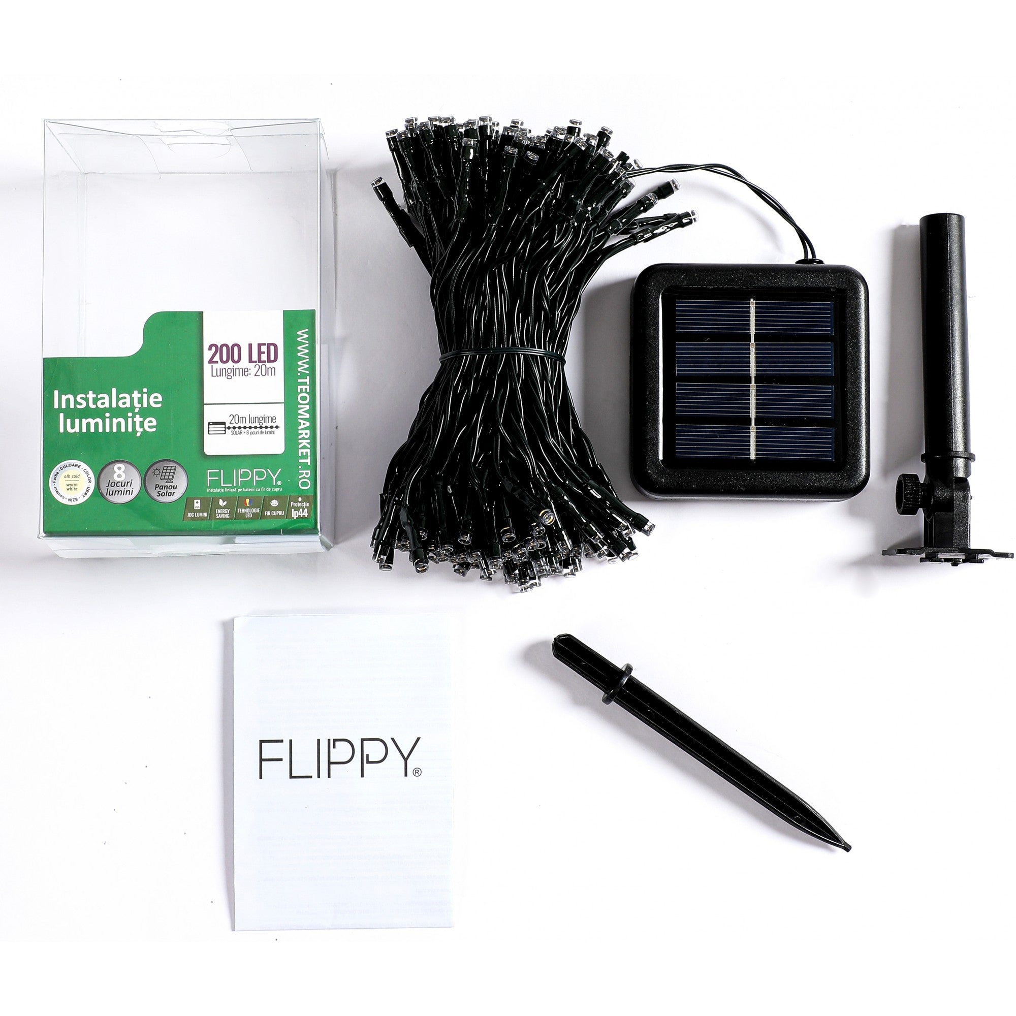 Instalatie Craciun, 20 metri, 200 de LED-uri, alb cald, cu energie solara, fir de cupru, liniar, interior/exterior, Flippy-7