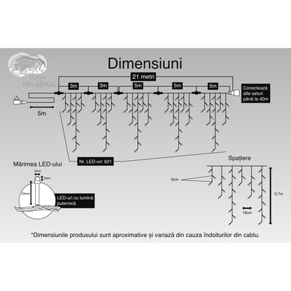 Instalatie Craciun, 21 m, 621 Led-uri ,Franjuri, Alb rece, 8 jocuri de lumini, Transformator cu telecomanda, Interconectabila, Prelungitor 5 m inclus, Fir Transparent, Flippy-3