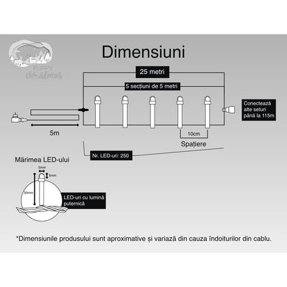 Instalatie Craciun, 25 m, 250 Led-uri ,Liniara, Albastru, 8 jocuri de lumini, Transformator, Interconectabila, Prelungitor 5 m inclus, Fir Transparent, Flippy-5