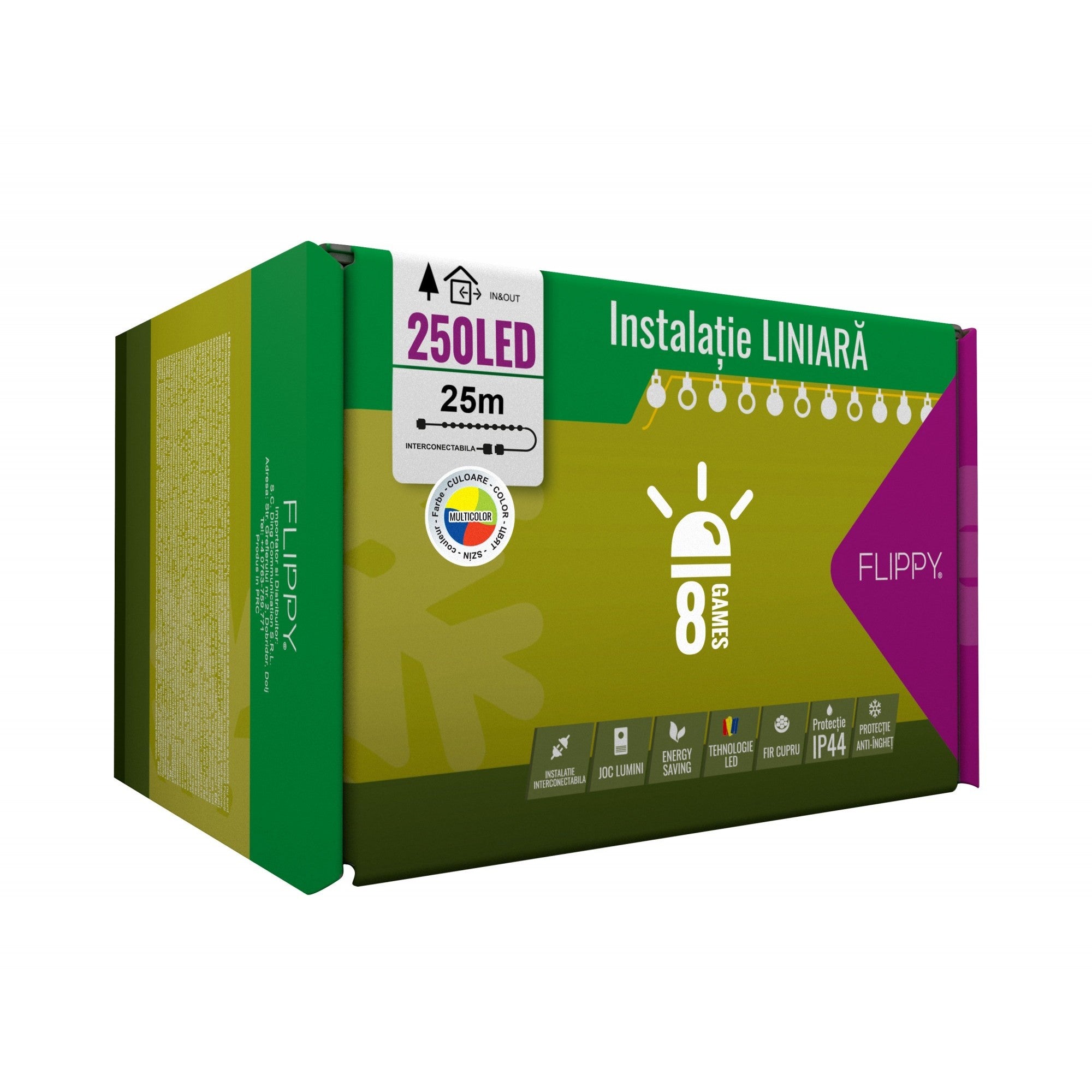 Instalatie Craciun, 25 m, 250 Led-uri ,Liniara, Multicolor, 8 jocuri de lumini, Transformator, Interconectabila, Prelungitor 3 m inclus, Fir Verde, Flippy-0
