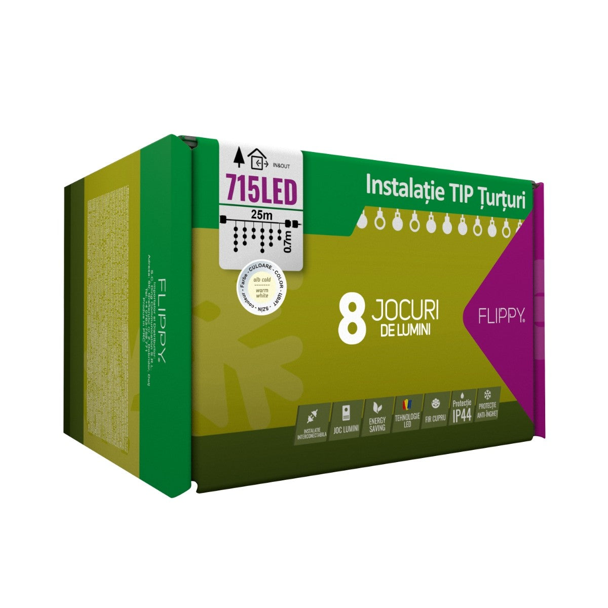 Instalatie Craciun Tip Turturi, IP44, 25 m, 715 Led-uri, Alb cald, 8 jocuri de lumini, 31 V, Telecomanda inclusa, Interconectabila, Prelungitor 3 m inclus, Fir Cupru, Flippy, Interior/Exterior-4