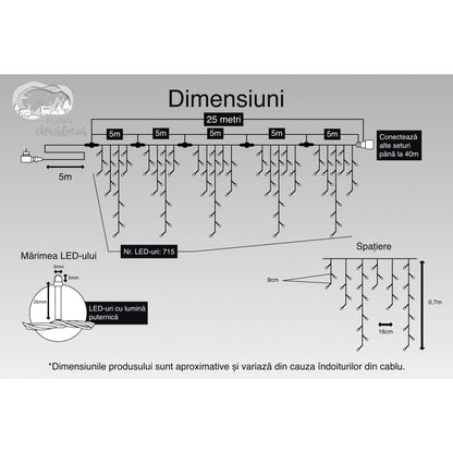 Instalatie Craciun, 25 m, 715 Led-uri ,Franjuri, Rosu / Verde/ Albastru, Flash, Transformator, Interconectabila, Prelungitor 5 m inclus, Fir Negru, Flippy-2