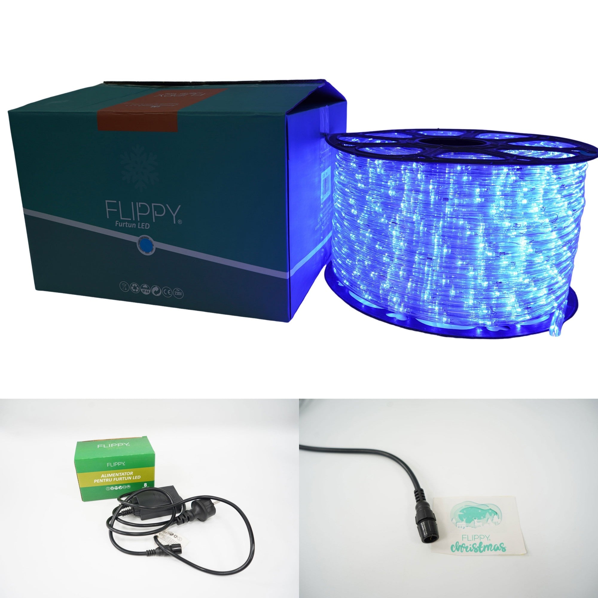 Instalatie Craciun, 28 m, 672 Led-uri, Furtun Luminos, Albastru, Transformator, 8 jocuri de lumini, Sectionabila, 220 V, Flippy-5