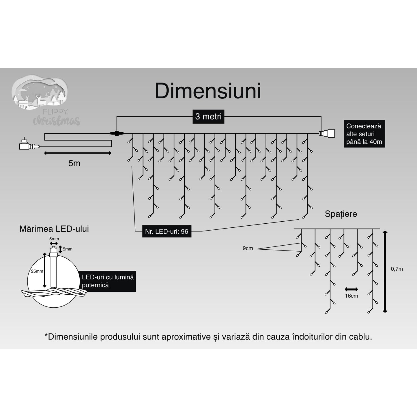 Instalatie Craciun, 3 m, 96 Led-uri ,Franjuri, Alb cald, Flash, Transformator, Interconectabila, Prelungitor 5 m inclus, Fir Negru, Flippy-2
