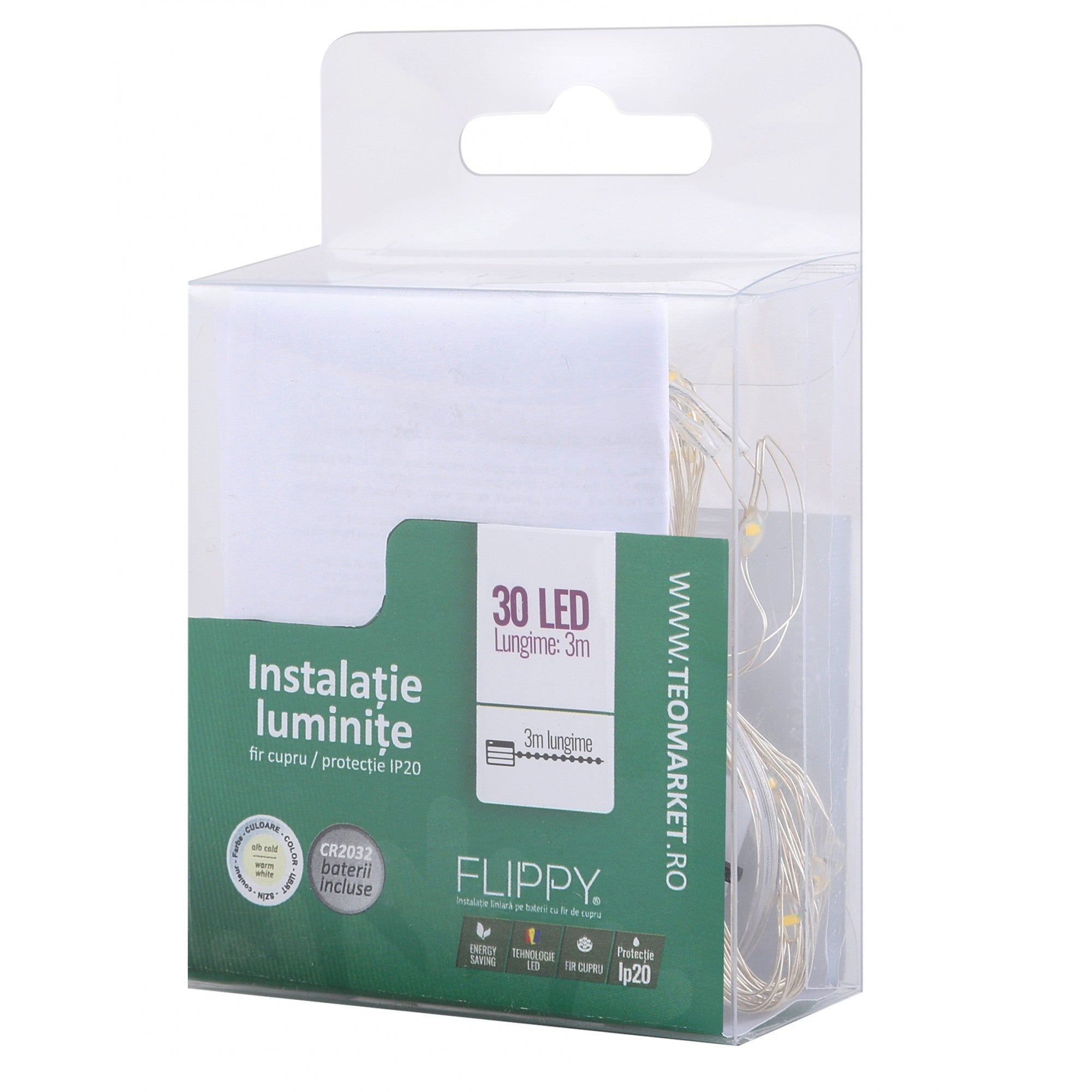 Instalatie Craciun, Liniara, 3 m, Baterii, 30 LED-uri, Alb Cald, Fir Cupru, Interior/Exterior, Flippy-8