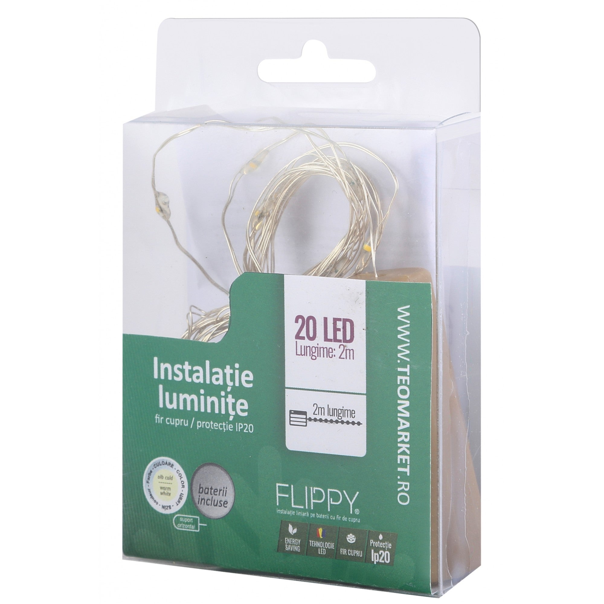 Instalatie Craciun, Liniara, 3 metri, Baterii, 30 LED-uri, Alb Cald, Fir Cupru, Interior/Exterior, Flippy-6