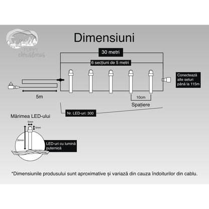 Instalatie Craciun, 30 m, 300 Led-uri ,Liniara, Albastru, 8 jocuri de lumini, Transformator, Interconectabila, Prelungitor 5 m inclus, Fir Transparent, Flippy-5