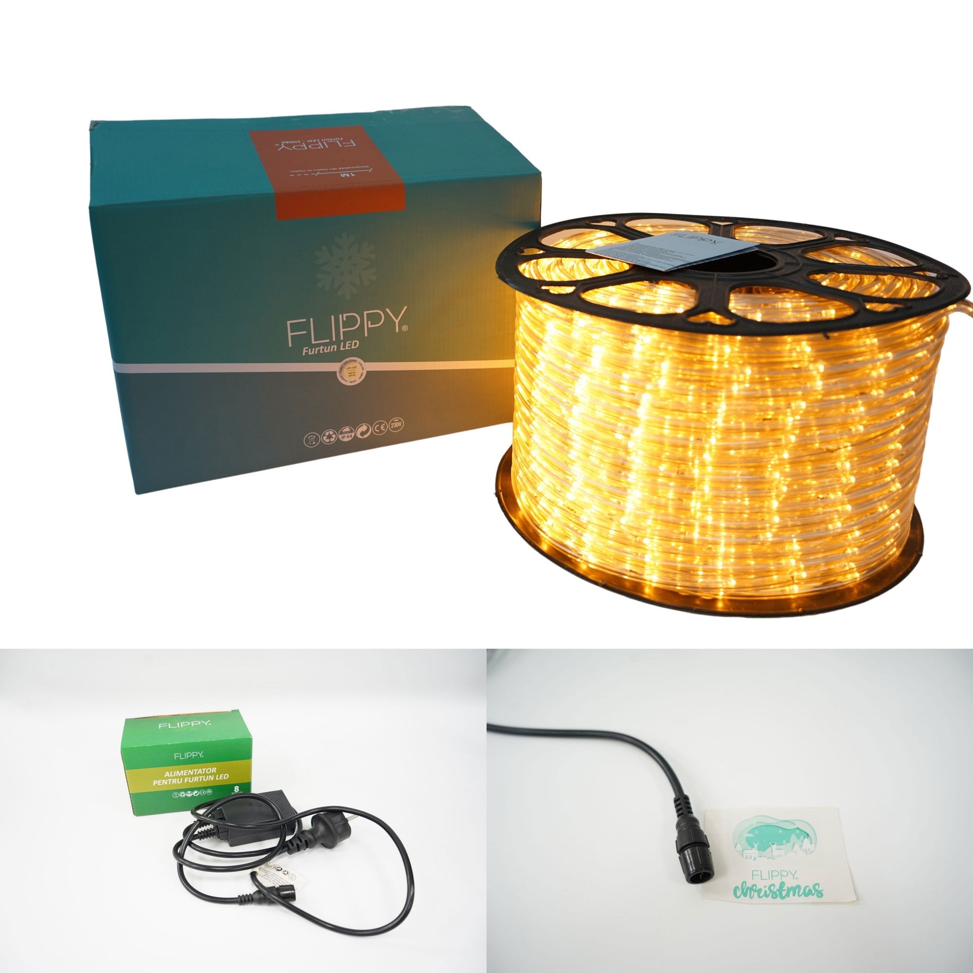 Instalatie Craciun, 32 m, 768 Led-uri ,Furtun Luminos, Alb cald, 8 jocuri de lumini, Transformator, Sectionabila, 220 V, Flippy-9