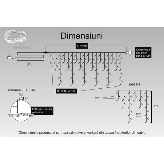 Instalatie Craciun, 4 m, 132 Led-uri ,Franjuri, Alb rece, Flash, Transformator, Interconectabila, Prelungitor 3 m inclus, Fir Transparent, Flippy-1