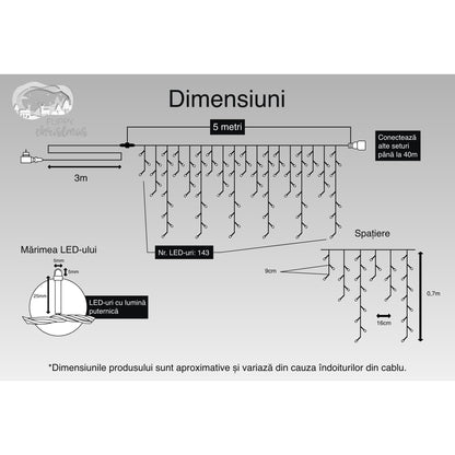 Instalatie Craciun, 5 m, 143 Led-uri ,Franjuri, Rosu / Verde/ Albastru, Flash, Transformator, Interconectabila, Prelungitor 3 m inclus, Fir Negru, Flippy-2