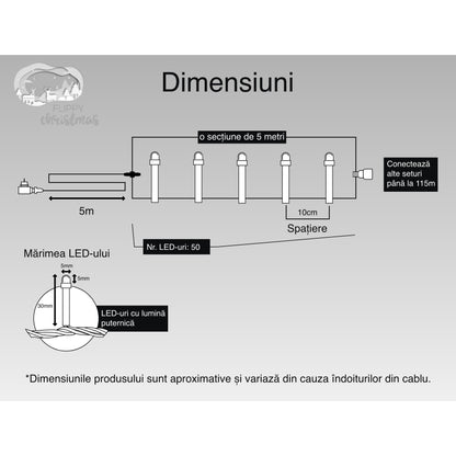 Instalatie Craciun, 5 m, 50 Led-uri ,Liniara, Alb rece, 8 jocuri de lumini, Transformator cu telecomanda, Interconectabila, Prelungitor 5 m inclus, Fir Transparent, Flippy-5