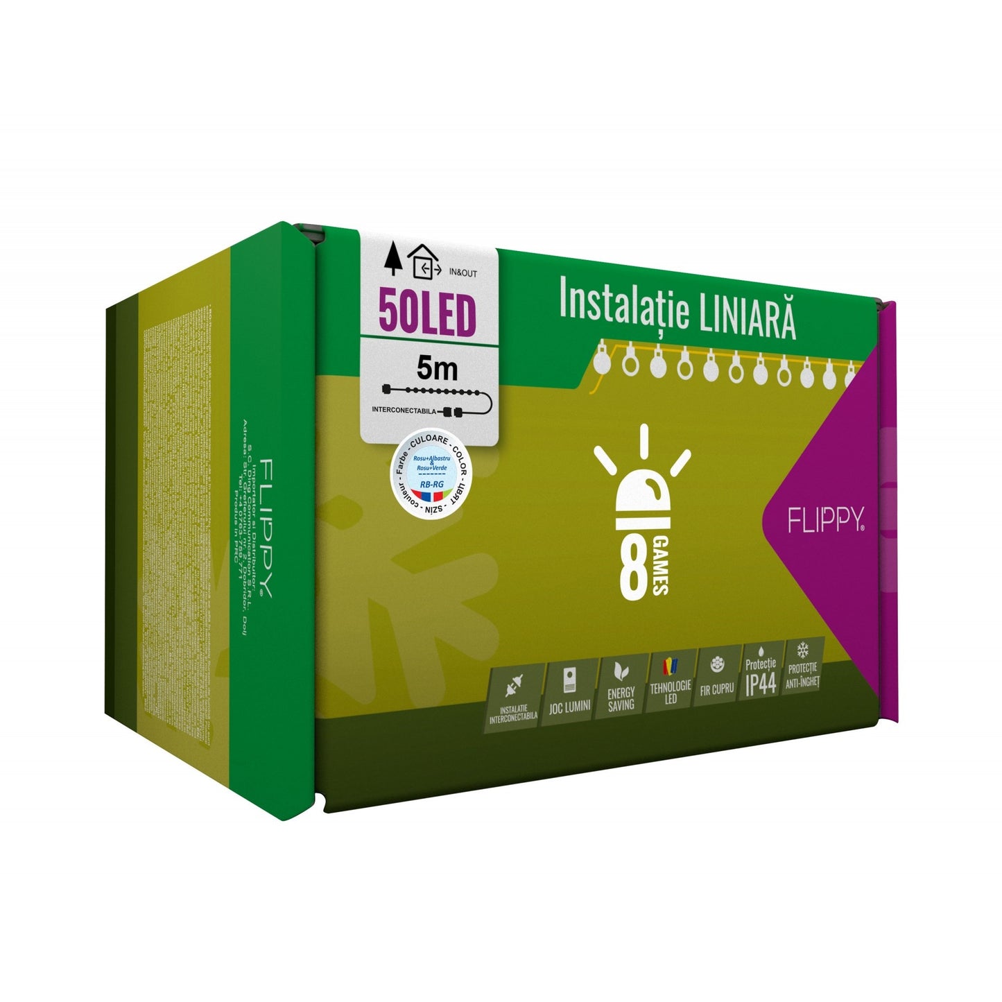 Instalatie Craciun, 5 m, 50 Led-uri ,Liniara, Rosu/Albastru/Rosu/Verde, Flash, Transformator cu telecomanda, Interconectabila, Prelungitor 3 m inclus, Fir Verde, Flippy-0