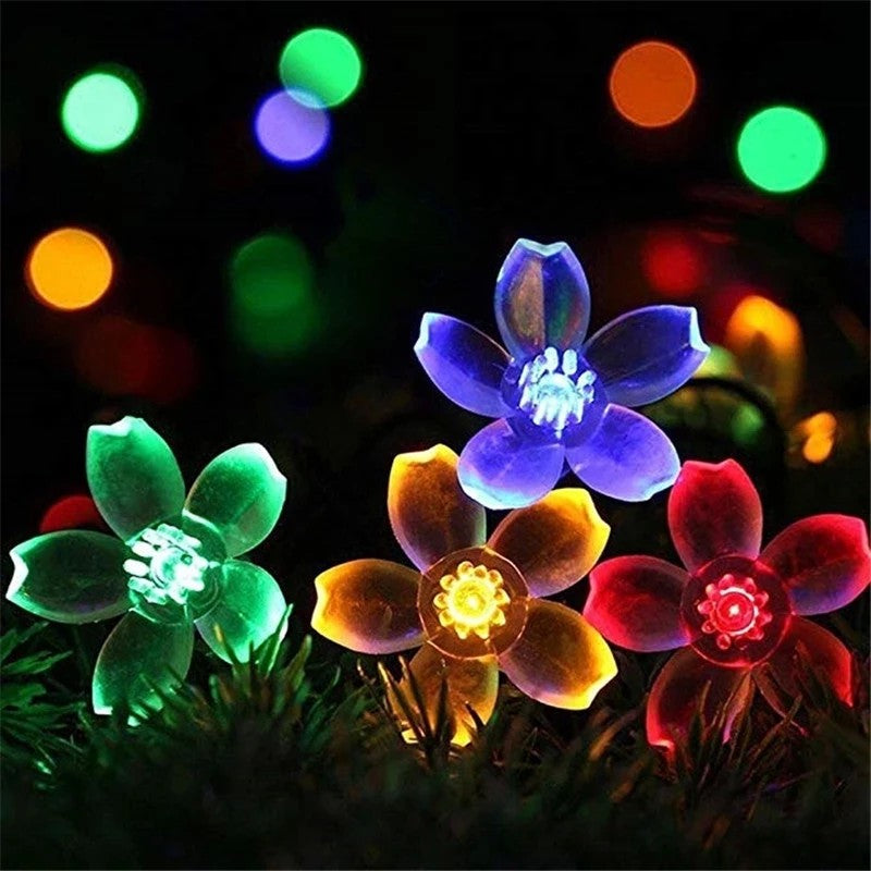 Instalatie Craciun, 5 metri, 20 Becuri LED tip Flori de cires, pentru exterior cu incarcare solara, Multicolor, Flippy-5