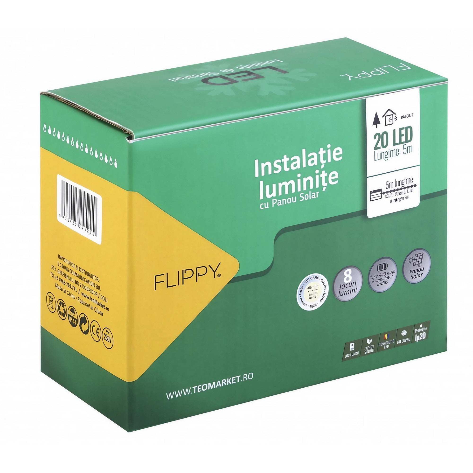 Instalatie Craciun, 5 metri, 20 de LED-uri cu ornament tip Bulb, 8 jocuri de lumini alb cald, cu energie solara, liniar, cablu verde, interior/exterior, Flippy-0