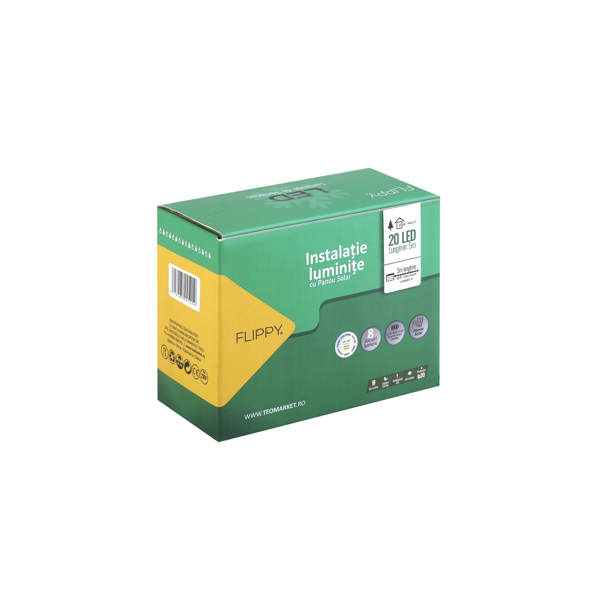 Instalatie Craciun, 5 metri, 20 de LED-uri cu ornament tip Bulb, 8 jocuri de lumini alb cald, cu energie solara, liniar, interior/exterior, Flippy-0