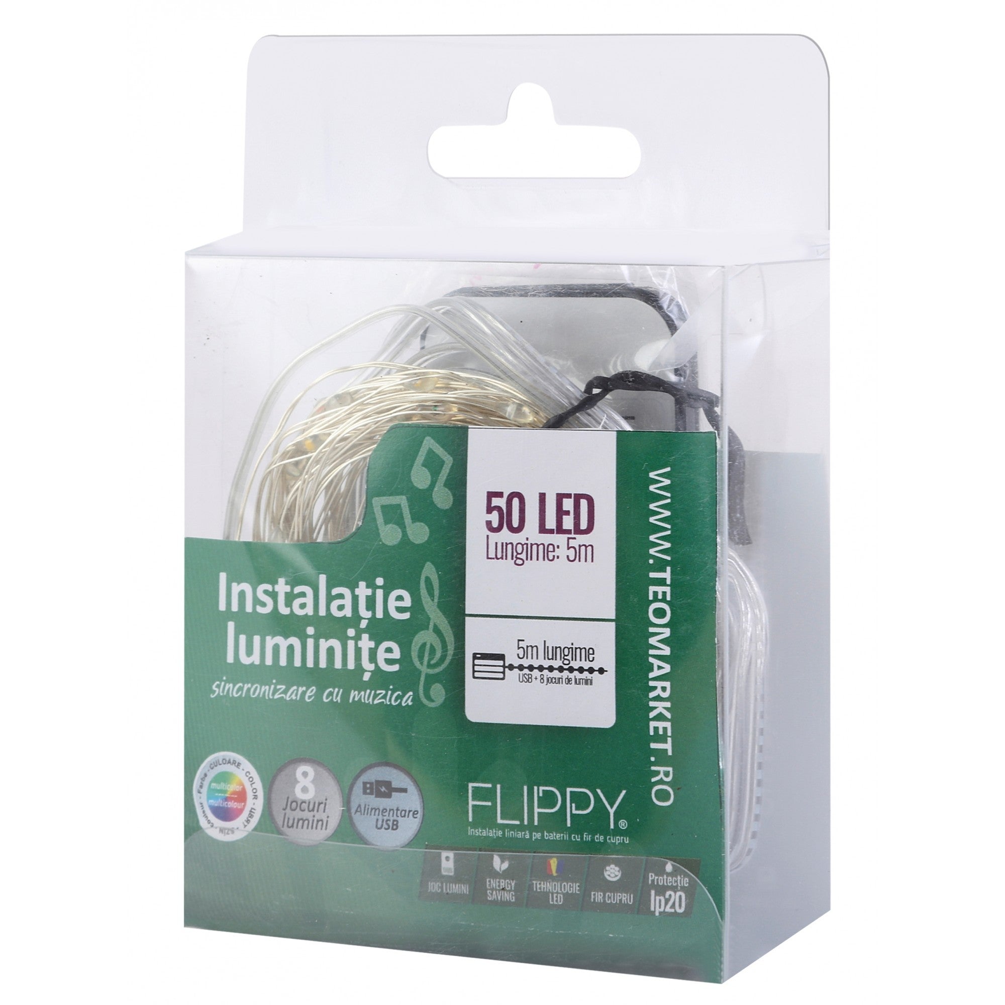 Instalatie Craciun, 5 metri, 50 LED-uri, multicolor RGB, sincronizare muzica, telecomanda 12 de functii, USB, fir cupru, liniar, interior/exterior, Flippy-2