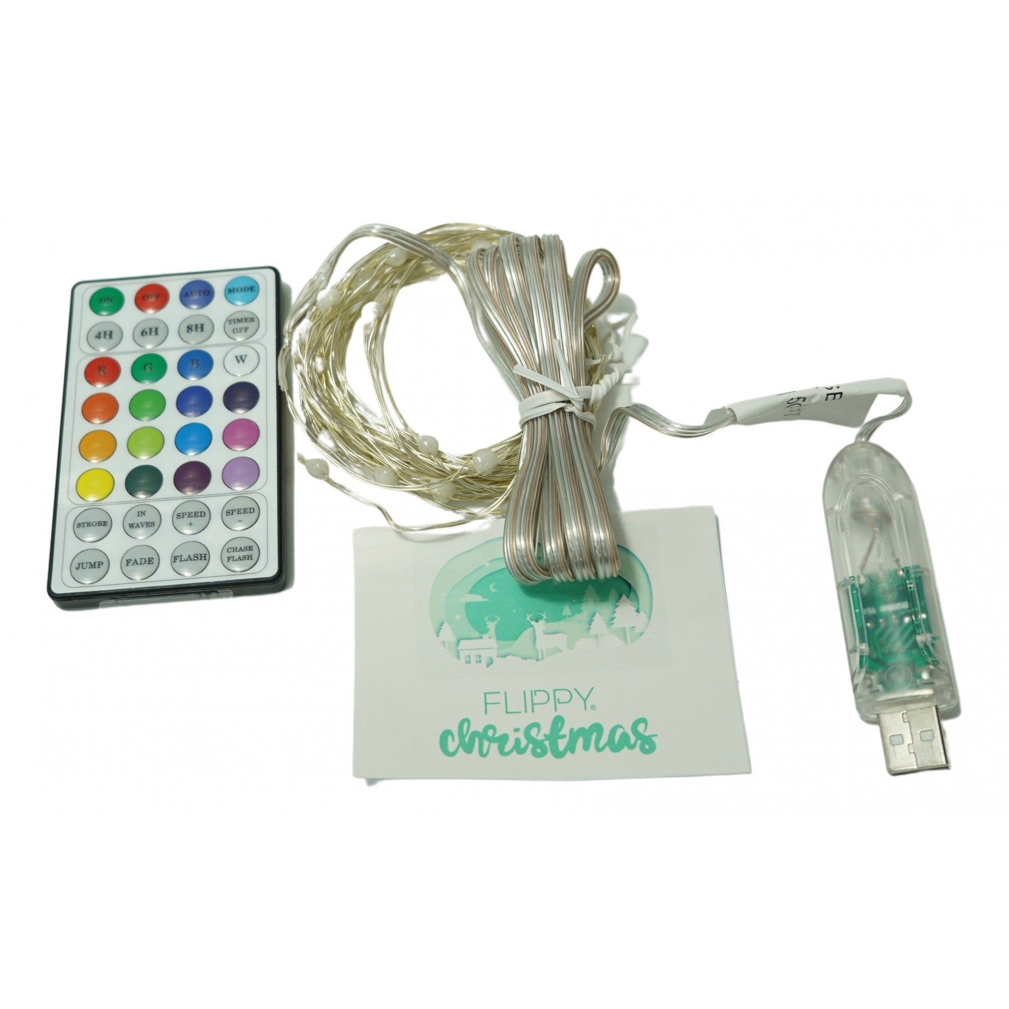 Instalatie Craciun, 5 metri, 50 LED-uri, telecomanda 32 de functii, multicolor RBG, fir cupru, USB, interior, Flippy-0