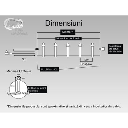 Instalatie Craciun, 50 m, 500 Led-uri ,Liniara, Albastru, 8 jocuri de lumini, Transformator, Interconectabila, Prelungitor 3 m inclus, Fir Transparent, Flippy-5