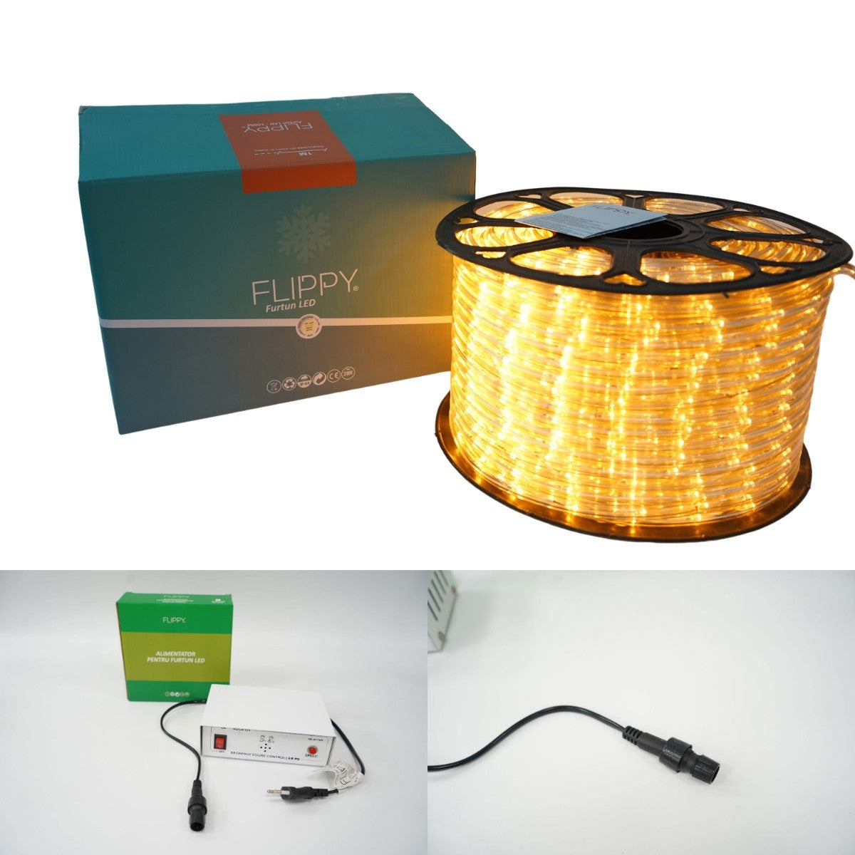 Instalatie Craciun, 52 m, 1248 Led-uri ,Furtun Luminos, Alb cald, 8 jocuri de lumini, Transformator, Sectionabila, 220 V, Flippy-13