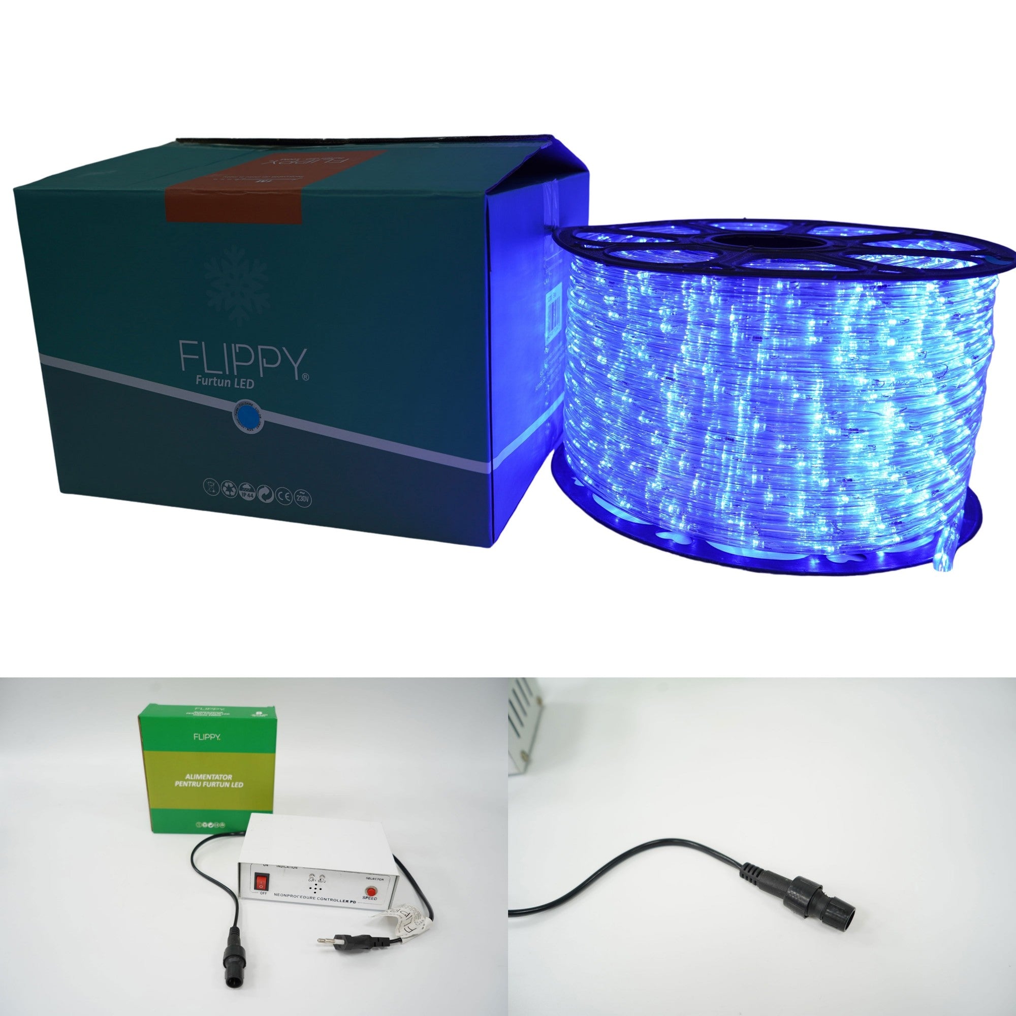 Instalatie Craciun, 58 m, 1392 Led-uri, Furtun Luminos, Albastru, Transformator, 8 jocuri de lumini, Sectionabila, 220 V, Flippy-5