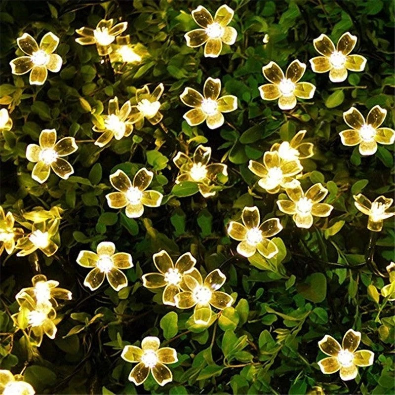 Instalatie Craciun, 6.5 metri, 30 Becuri LED tip Flori de cires, pentru exterior cu incarcare solara, Alb cald, Flippy-6