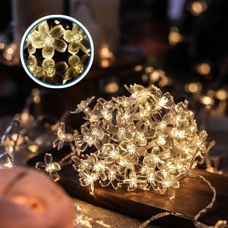 Instalatie Craciun, 6.5 metri, 30 Becuri LED tip Flori de cires, pentru exterior cu incarcare solara, Alb cald, Flippy-10