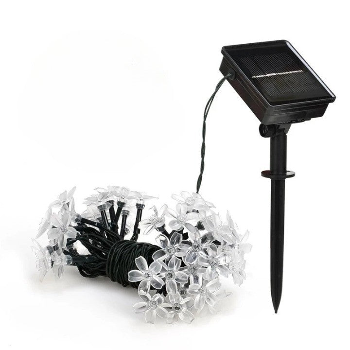 Instalatie Craciun, 6.5 metri, 30 Becuri LED tip Flori de cires, pentru exterior cu incarcare solara, Alb rece, Flippy-0