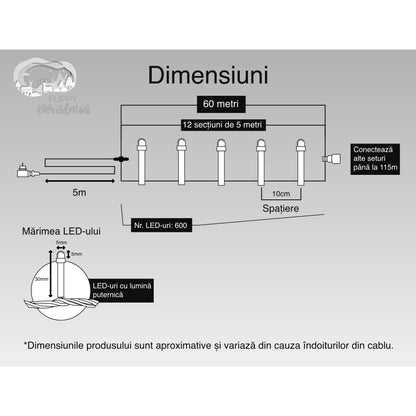 Instalatie Craciun, 60 m, 600 Led-uri ,Liniara, Albastru, 8 jocuri de lumini, Transformator cu telecomanda, Interconectabila, Prelungitor 5 m inclus, Fir Verde, Flippy-5