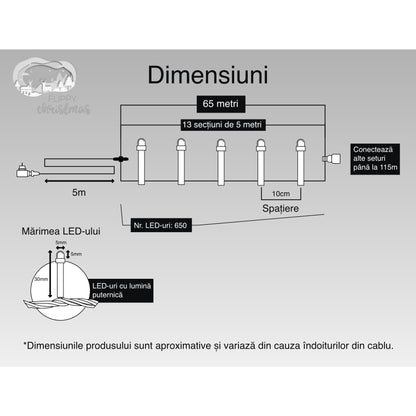 Instalatie Craciun, 65 m, 650 Led-uri ,Liniara, Albastru, 8 jocuri de lumini, Transformator cu telecomanda, Interconectabila, Prelungitor 5 m inclus, Fir Transparent, Flippy-5