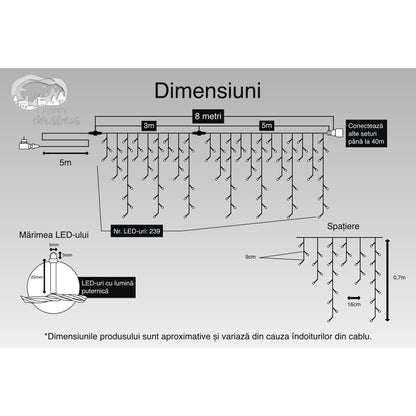 Instalatie Craciun, 8 m, 239 Led-uri ,Franjuri, Alb cald, Flash, Transformator cu telecomanda, Interconectabila, Prelungitor 5 m inclus, Fir Negru, Flippy-2