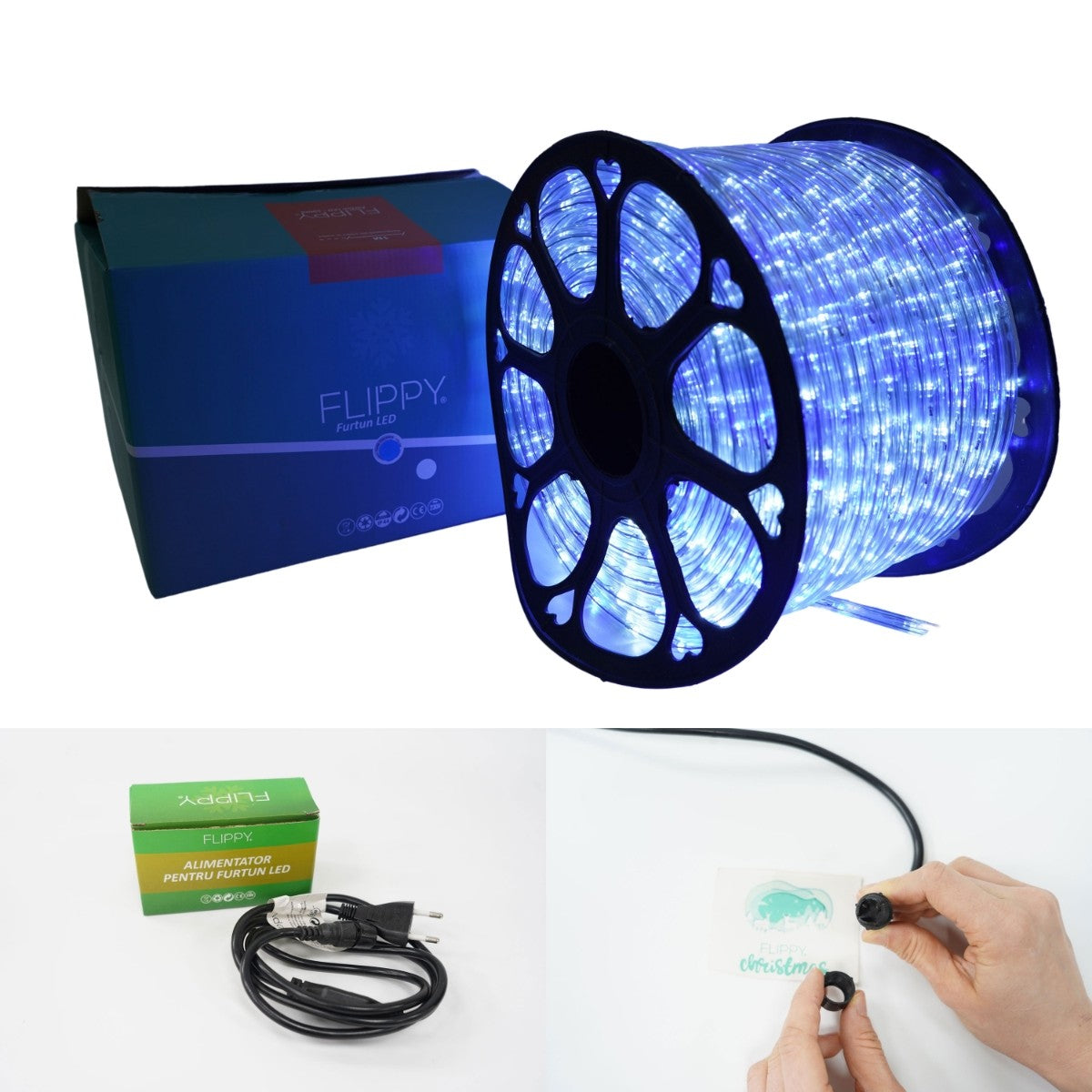 Instalatie Craciun, 96 m, 2304 Led-uri, Furtun Luminos, Alb rece/ Albastru, Transformator, Sectionabila, 220 V, Flippy-10
