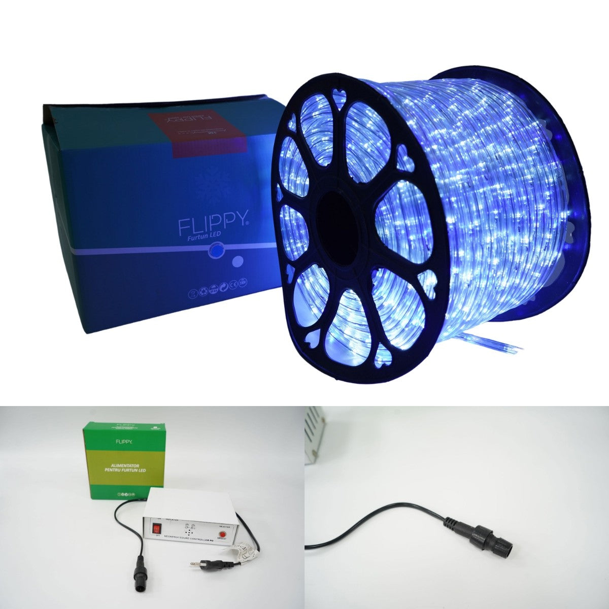 Instalatie Craciun, 98 m, 2352 Led-uri, Furtun Luminos, Alb rece/ Albastru, Transformator, 8 jocuri de lumini, Sectionabila, 220 V, Flippy-10