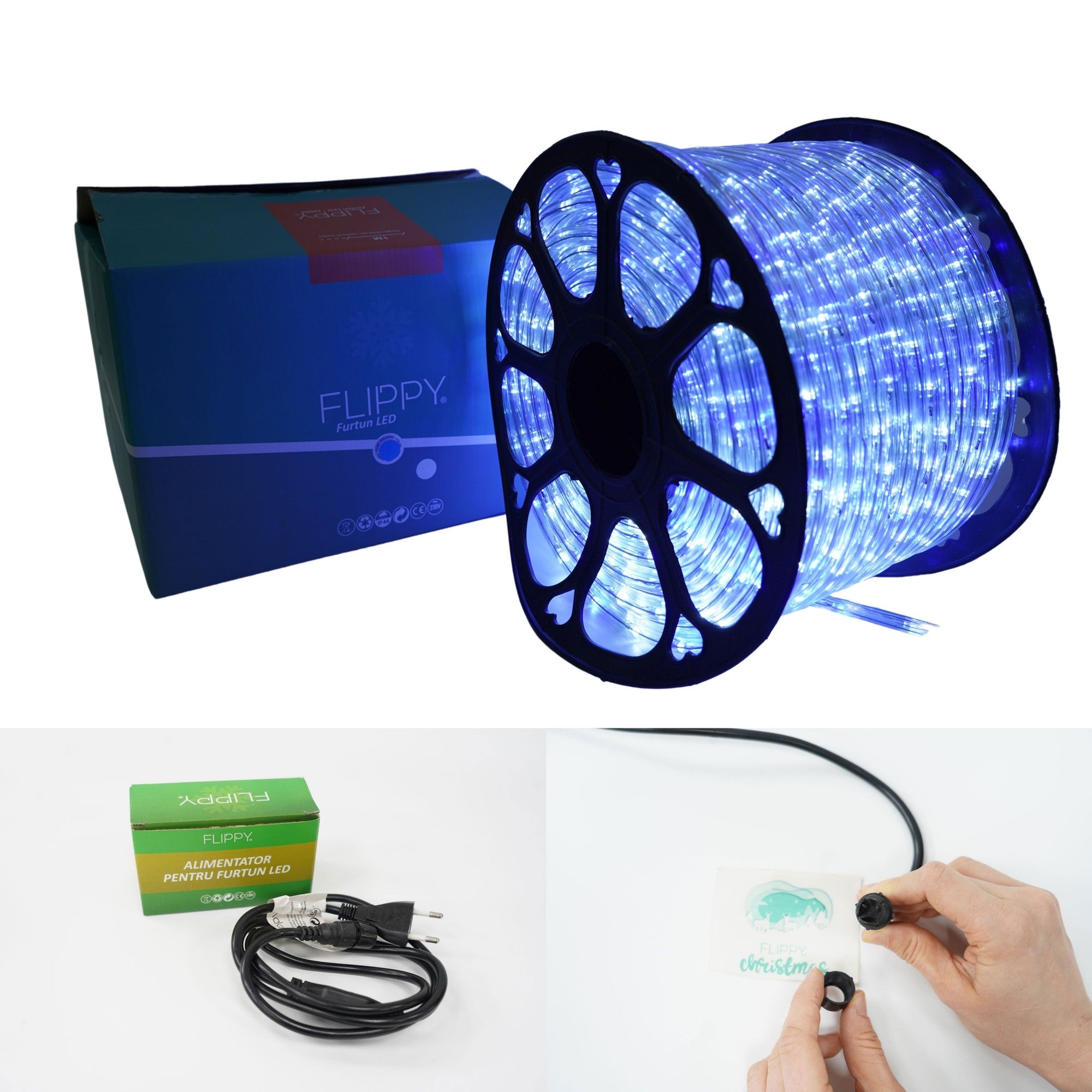 Instalatie Craciun, 98 m, 2352 Led-uri, Furtun Luminos, Alb rece/ Albastru, Transformator, Sectionabila, 220 V, Flippy-5