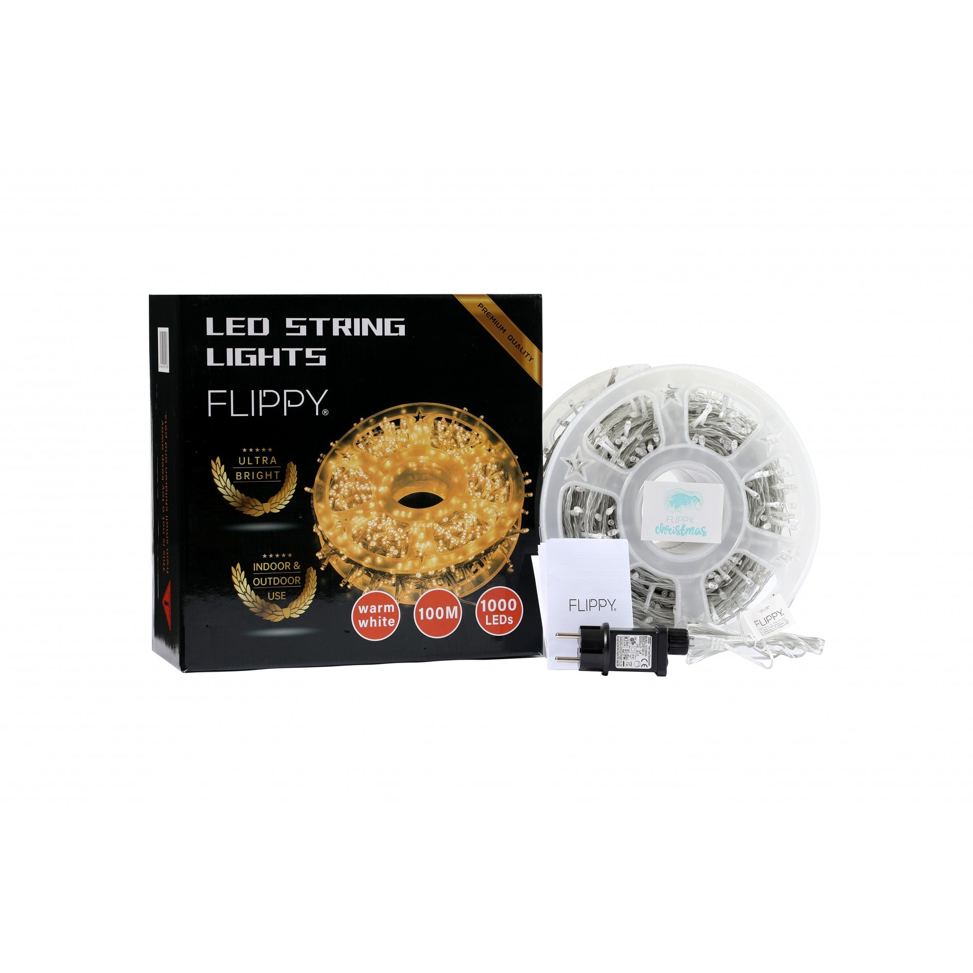 Instalatie Craciun liniara cu transformator, 100m, alb cald, 1000 LED-uri, fir transparent, 8 jocuri de lumini, Flippy-3