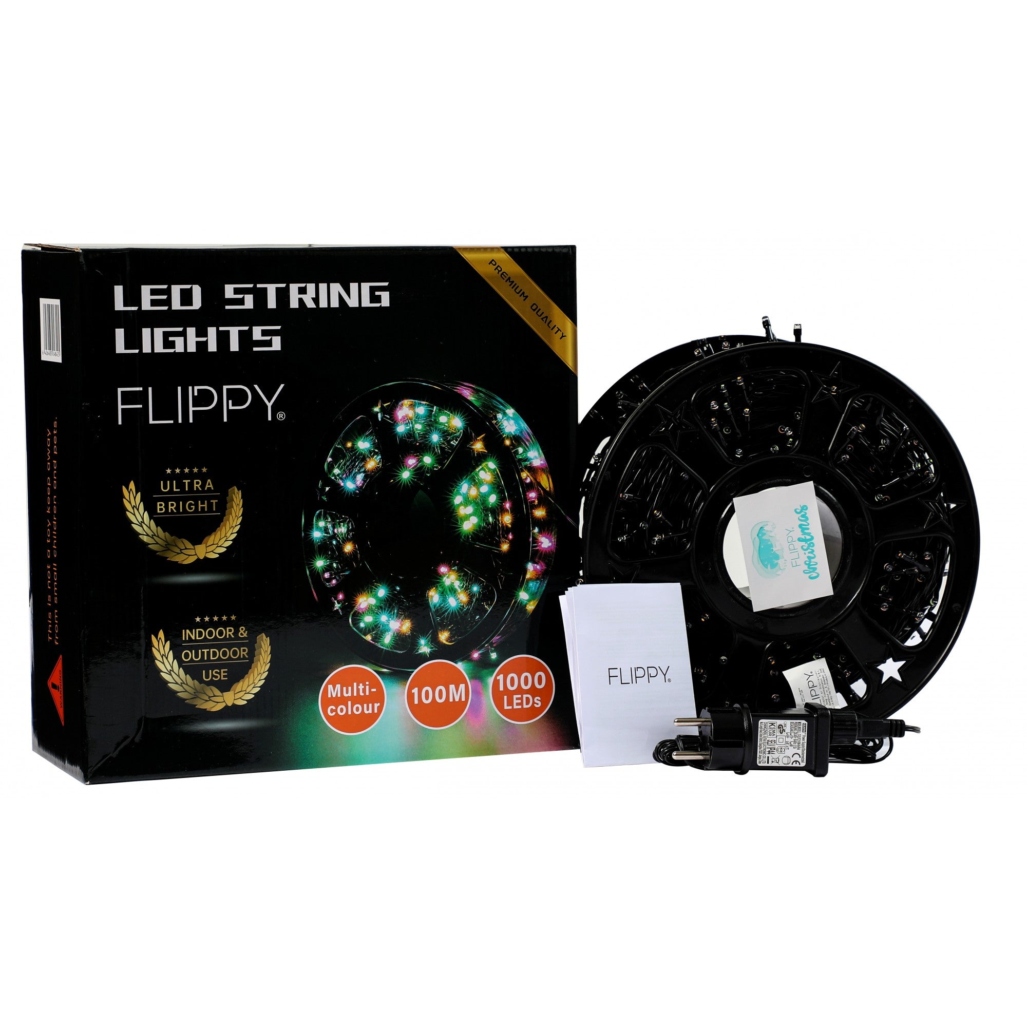 Instalatie Craciun liniara cu transformator, 100m, multicolor, 1000 LED-uri, fir negru, 8 jocuri de lumini, Flippy-3