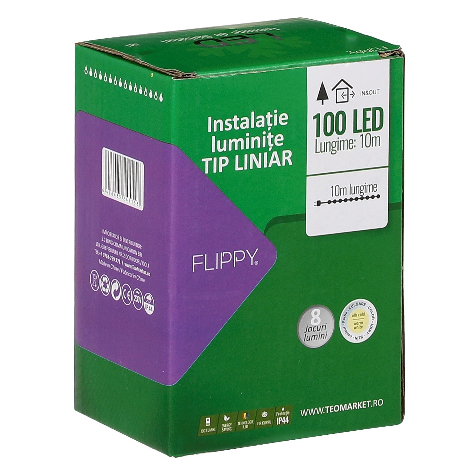 Instalatie Craciun liniara, cu transformator 31V, 10m, alb cald, 100 LED-uri V5, 8 jocuri de lumini, Fir verde, Flippy-1