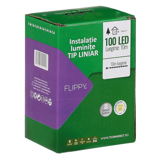 Instalatie Craciun liniara, cu transformator 31V, 10m, alb cald, 100 LED-uri V5, 8 jocuri de lumini, Fir verde, Flippy-1