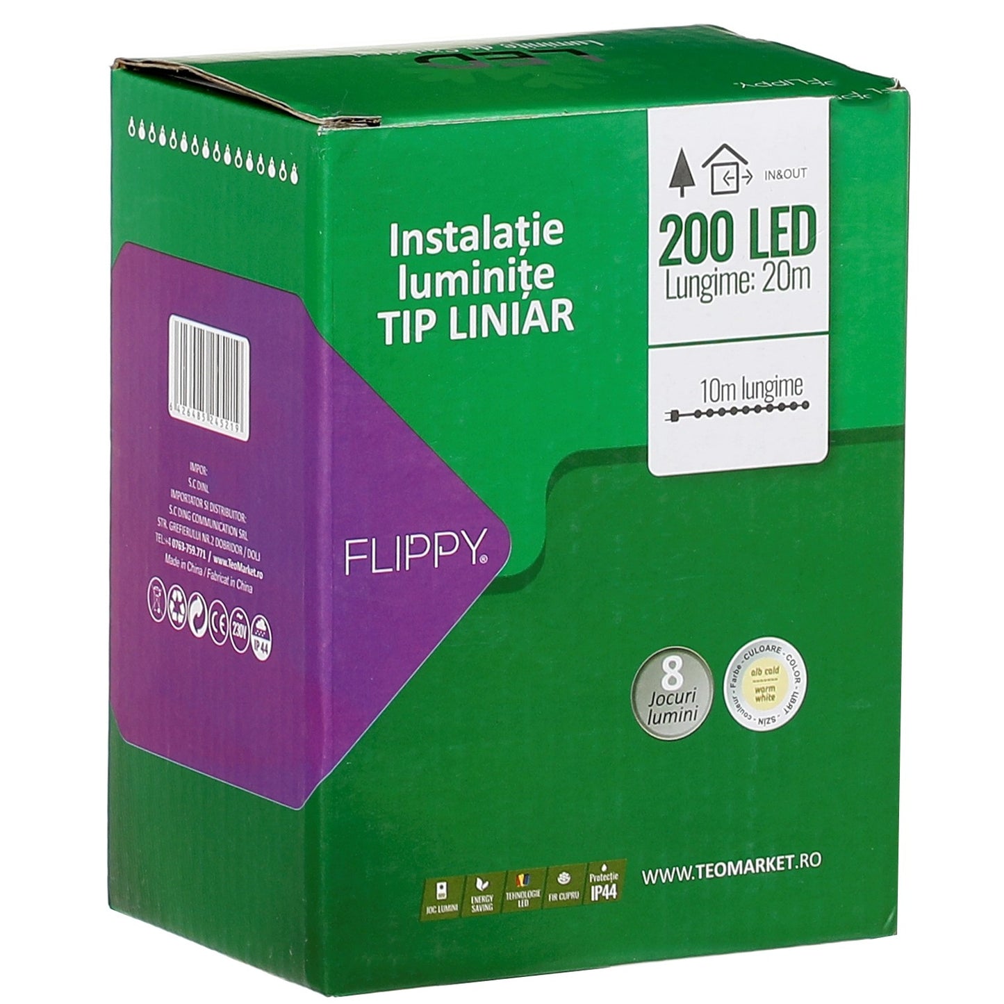 Instalatie Craciun liniara, cu transformator, 20 m, Alb Cald, 200 LED-uri V5, 8 jocuri de lumini, fir verde, Flippy-1