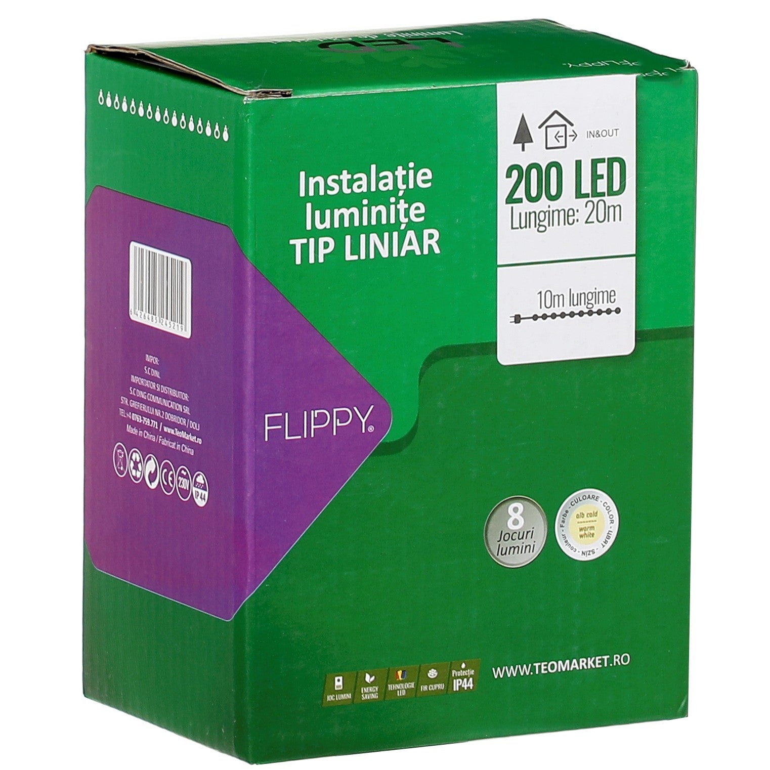 Instalatie Craciun liniara, cu transformator, 20 m, Alb Cald, 200 LED-uri V5, 8 jocuri de lumini, fir verde, Flippy-1