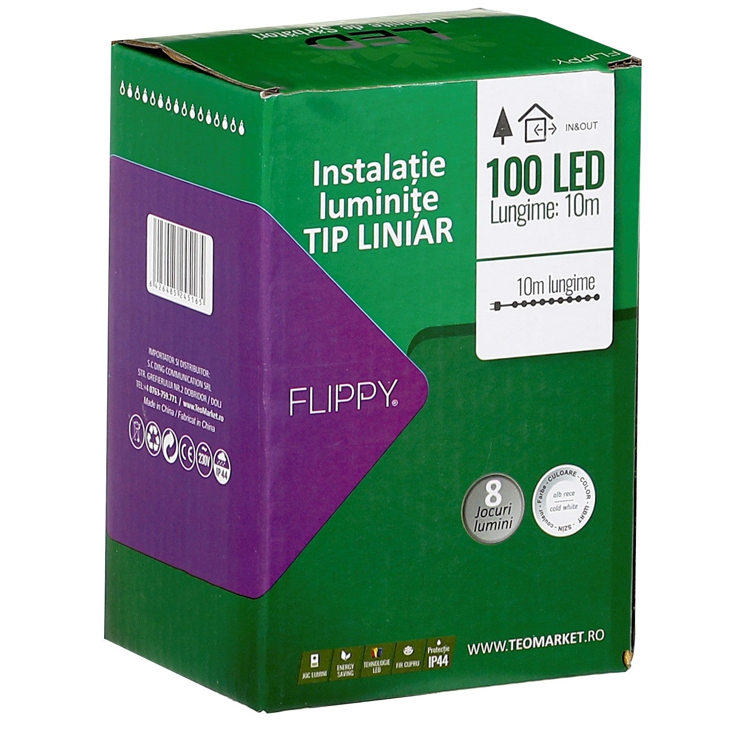 Instalatie Craciun liniara, cu transformator 31V, 10m, Alb Rece, 100 LED-uri V5, 8 jocuri de lumini, Fir verde, Flippy-1