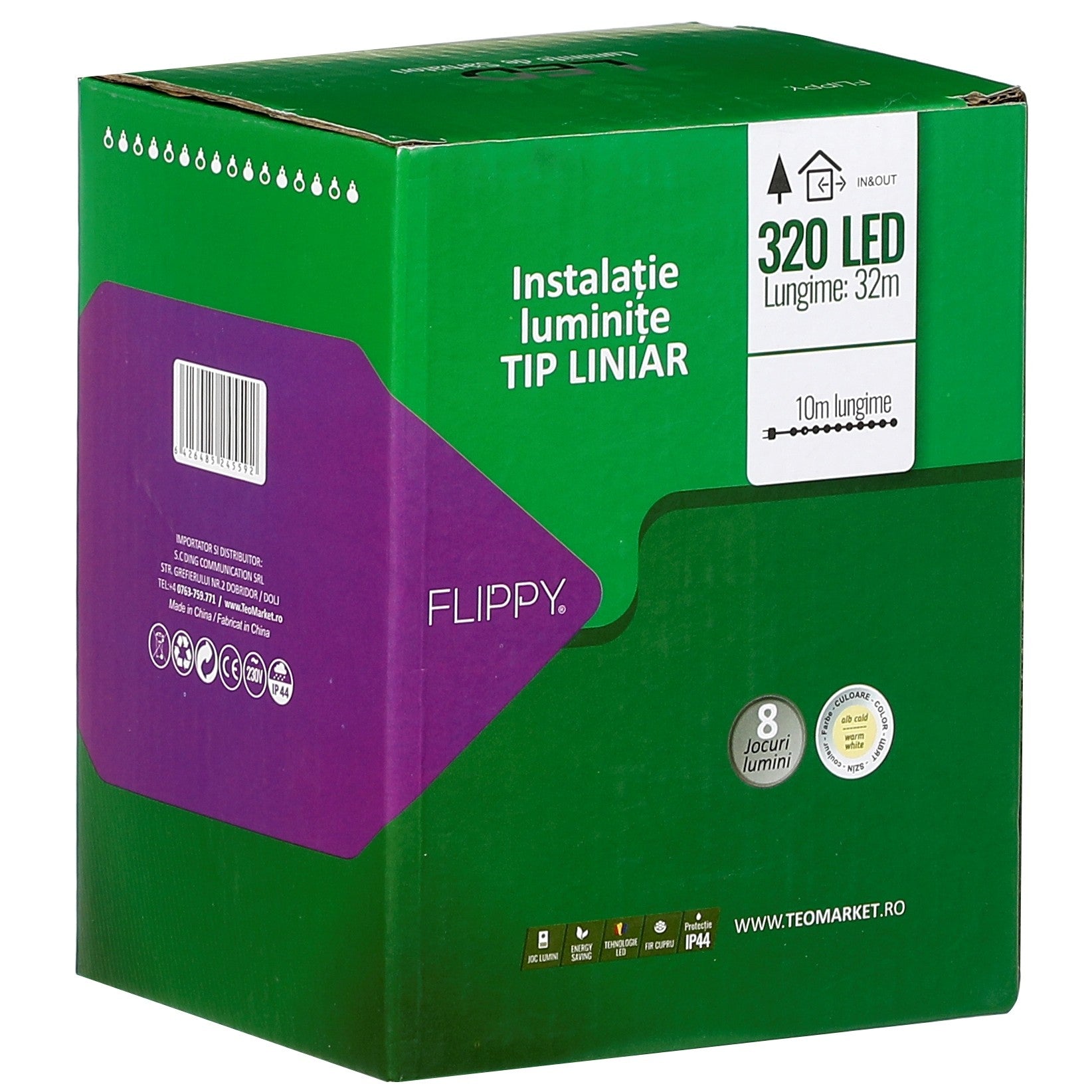 Instalatie Craciun liniara, cu transformator 31V, 32 m, Alb Rece, 320 LED-uri V5, 8 jocuri de lumini, fir verde, Flippy-1
