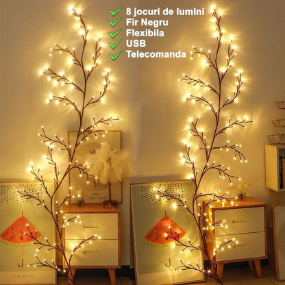 Instalatie Craciun tip Creanga Flippy, 144 LED-uri, Conectare USB, 8 Jocuri de Lumini, Telecomanda, 2.5 m, Prelungitor 2 m, 3V, Fir Negru, Alb Cald-7